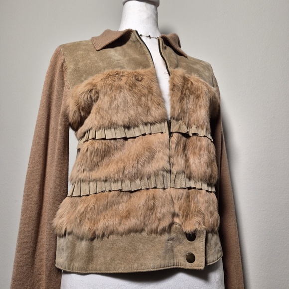 Bebe Vintage Leather Suede & Fur Y2K Collared Knit Bomber Downtown Fall Jacket L - Picture 1 of 9